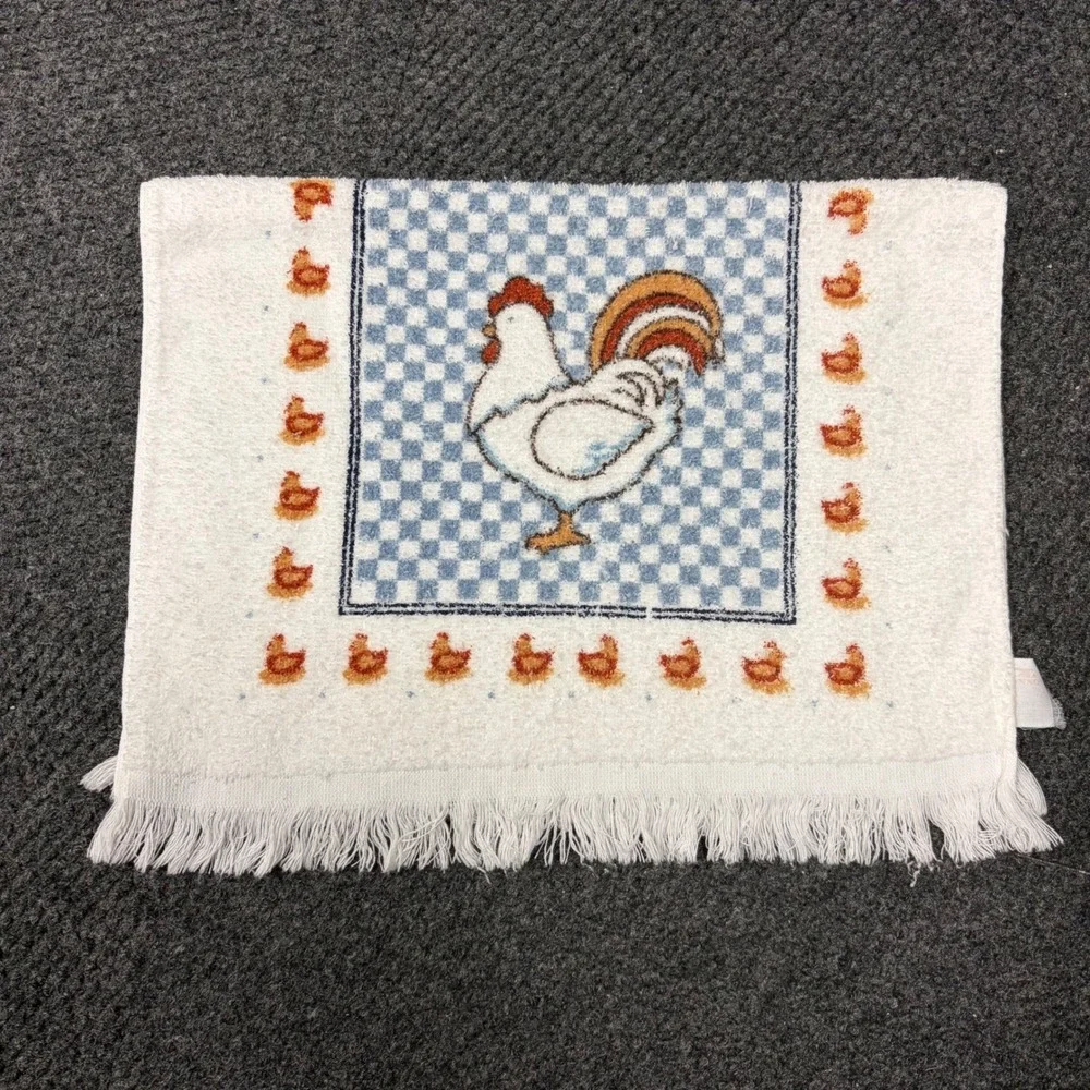 Vintage Cannon Rooster Hand Towel White Blue Checkered Fringe Farmhouse Country